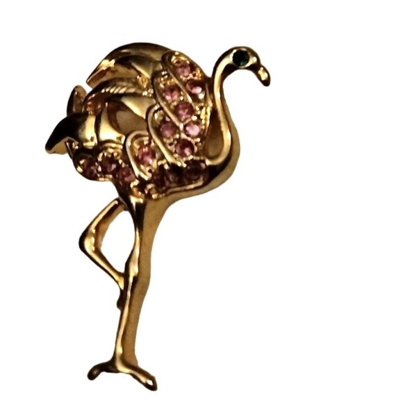 Gold Pink Flamingo Rhinestone Earrings Tropical Statement Coastal Tiki - Picture 2 of 5